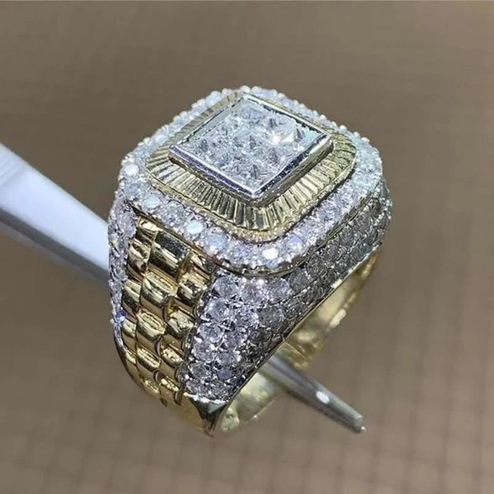 🆕 Men's  Micro Pave Statement 2.00 Ctw, Diamond Ring 18K Yellow Gold Pltd 🆕 - Picture 3 of 3